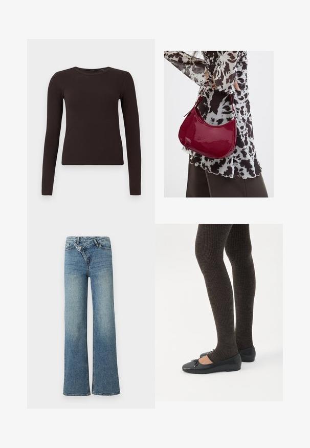 Haut à col rond à manches longues côtelé, marron foncé, avec une silhouette ajustée, présenté sur un fond blanc uni.; Jean en denim bleu clair à jambes larges avec une taille haute, un délavage clair et une fermeture à bouton à l'avant. Comprend cinq poches et des coutures minimales.; Jambes portant des leggings côtelés foncés associés à des ballerines noires avec de petits détails en nœud sur fond blanc.; Femme portant un chemisier à motif noir et blanc tenant un sac à main rouge brillant sur un fond uni.