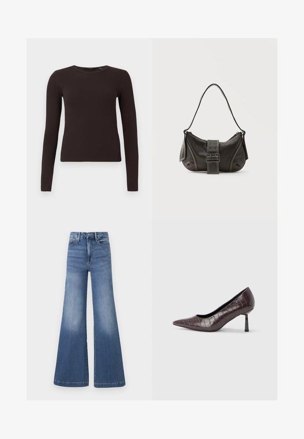 Haut à col rond à manches longues côtelé, marron foncé, avec une silhouette ajustée, présenté sur un fond blanc uni.; Good American GOOD WAIST PALAZZO COMPRESSION - Jean flare - indigo; Escarpins à bout pointu en similicuir marron avec une texture crocodile, dotés d’un talon fin et angulaire ainsi que d’une doublure intérieure lisse.; Sac à épaule en cuir noir avec une sangle à boucle, des bords arrondis et des coutures blanches contrastées sur un fond uni.