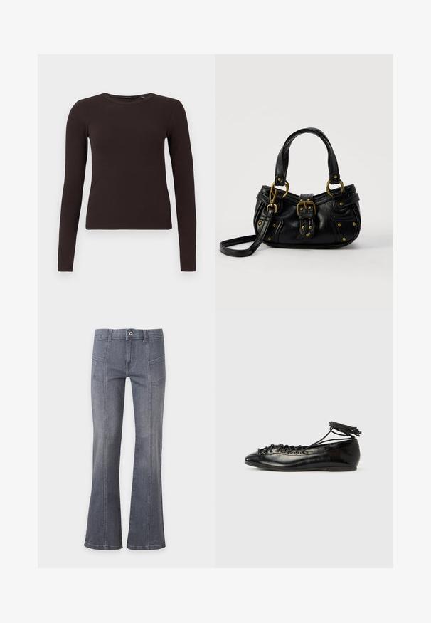 Haut à col rond à manches longues côtelé, marron foncé, avec une silhouette ajustée, présenté sur un fond blanc uni.; Pantalon en jean gris foncé à taille haute, fermeture à boutons, coutures avant, et jambes légèrement évasées sur un fond uni.; Ballerines en cuir verni noir avec un bout rond, un design à lacets et une semelle plate. Texture lisse avec peu de détails.; Sac à main en cuir noir avec boucle dorée et détails à rivets, poignées courtes et bandoulière réglable sur fond blanc uni.