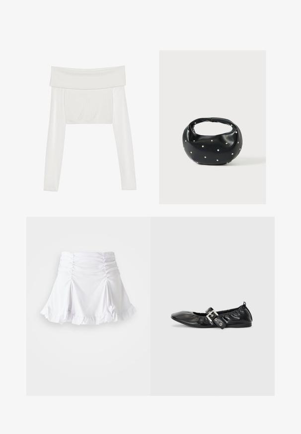 Hvid af-shoulder cropped top med lange ærmer, ribbet tekstur på kroppen, glatte ærmer og elastisk bånd ved kanten.; Hvid nederdel lavet af tekstureret stof med rynkedetaljer og bølger. Har en udvidet design med en tætsiddende talje.; Sorte læder flade sko med spids tå, samling detaljer omkring åbningen, og en sølv spænde accent på den justerbare rem.; Sort læderhåndtaske med en rundet form, dekoreret med sølvnitter, og et kort håndtag. Glat tekstur og lynlåslukning.