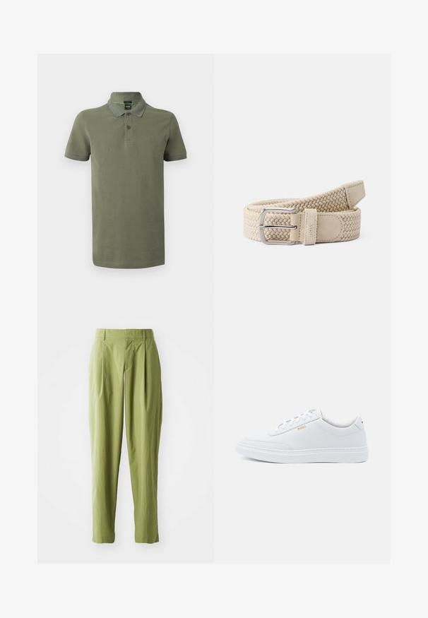 Polo vert olive en coton, avec un col, une patte de boutonnage à deux boutons, et des accents vert foncé contrastants sur le col et les manches.; Pantalons vert clair en tissu texturé, présentant une coupe droite, des plis à l'avant et une taille standard.; Baskets blanches en cuir avec une texture lisse, bout rond et coutures tonales. Possède des lacets bleus et un logo doré sur le côté.; Ceinture tissée beige en matériau élastique avec une boucle en métal argenté et des accents en daim. Présente un motif texturé sur l'ensemble.