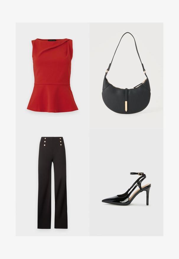 Top rouge sans manches à basque avec un décolleté asymétrique et un léger drapé près du col, étiqueté Anna Field.; Pantalon noir taille haute à jambes larges avec six boutons décoratifs dorés disposés en deux rangées verticales près de la taille.; Escarpin en cuir verni noir à talon haut, avec un bout pointu, une bride réglable à la cheville et des côtés ouverts. Texture lisse.; Sac à main noir en forme de croissant avec une bandoulière unique, une fermeture éclair dorée et une languette décorative rectangulaire dorée à l'avant.