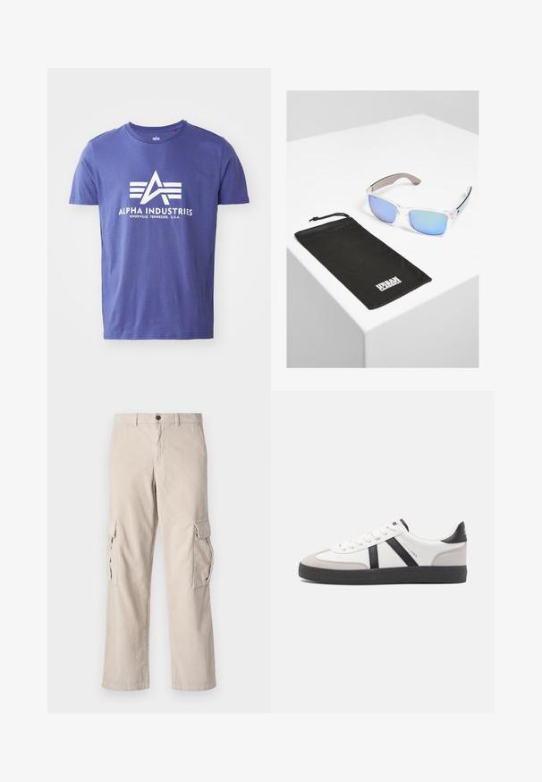 Lilla bomulds T-shirt med korte ærmer, der har et hvidt logo, som inkluderer "ALPHA INDUSTRIES" og et geometrisk design.; Beige corduroy cargo bukser med to sidelommer, en knaplukning og en bred benklip; har lodret ribbet tekstur.; Hvide sneakers med sorte og grå detaljer, med en tekstureret grå tåhætte, sort gummisål og flade hvide snørebånd. Rent design, minimalistisk stil.; Urban Classics Solbriller - transparent/blue