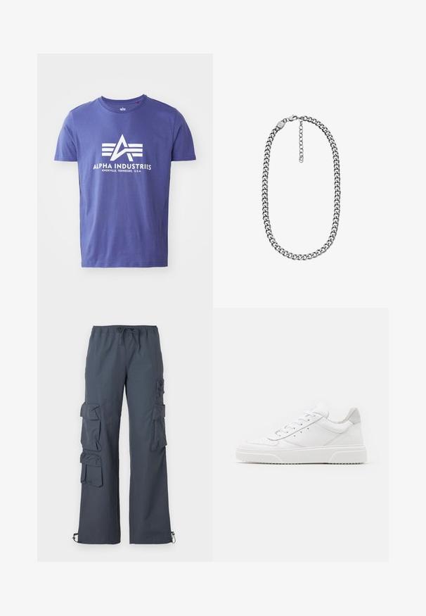 Camiseta de algodón morada de manga corta, que presenta un logo blanco que incluye "ALPHA INDUSTRIES" y un diseño geométrico.; Pantalones cargo de color gris oscuro con una cinturilla elástica, múltiples bolsillos grandes a los lados y puños ajustables en los tobillos.; Zapatillas de cuero blanca con un acabado suave, punta redondeada, cordones planos y una suela texturada. Acento de ante gris en el talón.; Collar de cadena curb en tono plateado con cierre de langosta y cadena extensible ajustable sobre fondo blanco.