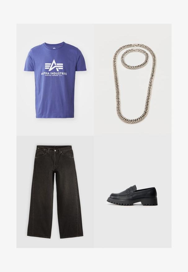 Lila Baumwoll-T-Shirt mit kurzen Ärmeln, das ein weißes Logo mit "ALPHA INDUSTRIES" und einem geometrischen Design zeigt.; Schwarze Jeans mit weitem Bein aus Denim, mit Fronttaschen, Knopfverschluss und Gürtelschlaufen, flach auf hellem Hintergrund dargestellt.; Schwarze Leder-Loafer mit abgerundeter Schuhspitze, ausgestattet mit einem dekorativen Riemen und einer robusten Gummisohle mit tiefem Profil für besseren Halt.; Silberfarbene dicke Gliederkette und passendes Armband mit ineinandergreifenden Gliedern und Kastenschlössern auf weißem Hintergrund.