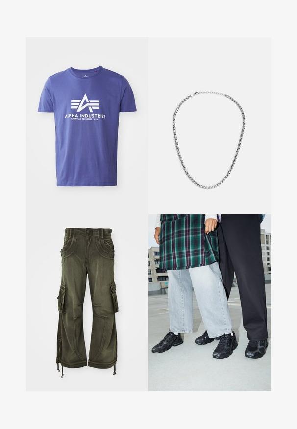Camiseta de algodón morada de manga corta, que presenta un logo blanco que incluye "ALPHA INDUSTRIES" y un diseño geométrico.; Pantalones cargo verde oliva de algodón con un corte holgado, que cuentan con bolsillos laterales, cremalleras en los tobillos y cordones en el dobladillo.; Zapatillas deportivas negras con acentos de malla y goma. Combinadas con jeans de pierna ancha de color gris claro y una blusa de cuadros verdes. Fondo de superficie plana.; Fossil JEWELRY NECKLACE - Collar - silver-coloured