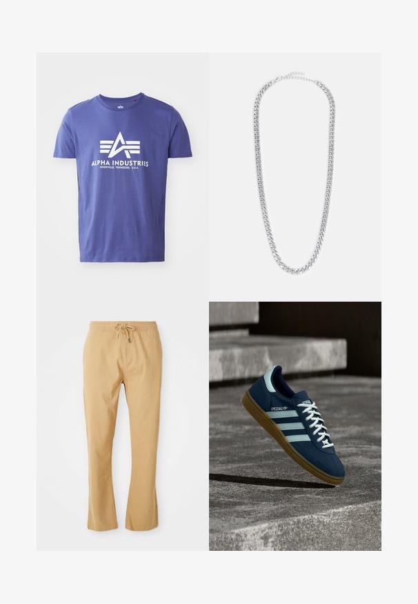 Lila Baumwoll-T-Shirt mit kurzen Ärmeln, das ein weißes Logo mit "ALPHA INDUSTRIES" und einem geometrischen Design zeigt.; Helle, leichte Hose in Beige mit einem Kordelzugbund, geradem Schnitt und Seitentaschen. Glatte Textur mit minimalen Nähdetails.; Blauer Adidas Spezial Sneaker mit weißen Streifen und Schnürsenkeln, Gummisohle, schwebend über rauer Betonoberfläche und Treppen im Hintergrund.; Kette aus silbernem Metall mit ineinandergreifenden Gliedern, einer glatten Textur und einem verstellbaren Verschluss zur Anpassung der Länge.