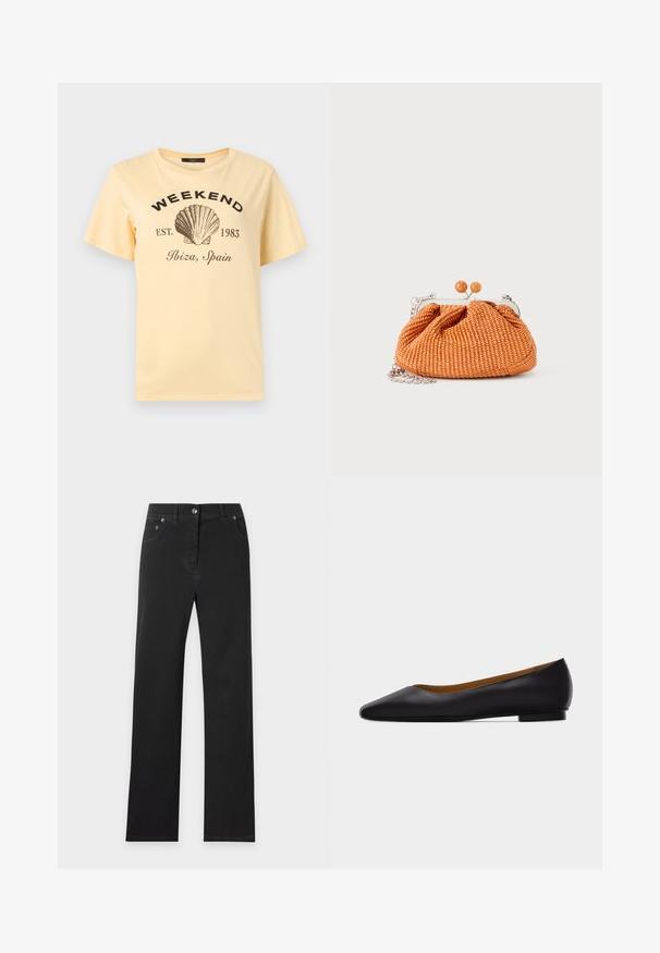 T-shirt jaune clair avec texte noir « WEEKEND EST. 1983 Ibiza, Espagne » et un grand dessin noir de coquillage au centre.; Jean noir coupe droite avec poches avant, passants de ceinture et fermeture par bouton à la taille sur un fond clair uni.; Chaussure plate en cuir noir à bout pointu avec talon bas et finition lisse, vue de côté sur un fond gris clair.; Petit sac pochette tissé orange avec cadre en métal argenté, fermoir rond et bandoulière chaîne argentée sur fond blanc.
