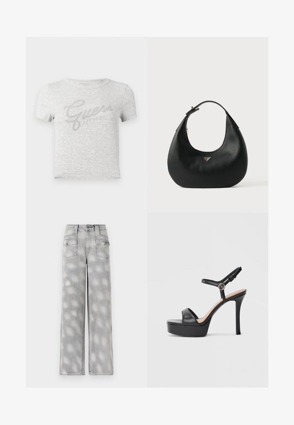 T-shirt gris à manches courtes avec texture côtelée, arborant un logo "Guess" argent métallique et le texte "EST 1981" en police cursive.; Jean large en denim gris clair avec taille haute, quatre poches et un motif délavé pour un ajustement décontracté.; Sandales à plateforme noires avec un talon haut stilettos, dotées d'une tige en cuir lisse, d'un bout ouvert et d'une bride de cheville ajustable avec ferrures.; Sac hobo en cuir noir à texture lisse, forme arrondie et courte bandoulière. Il présente un petit logo triangulaire argenté sur le devant.
