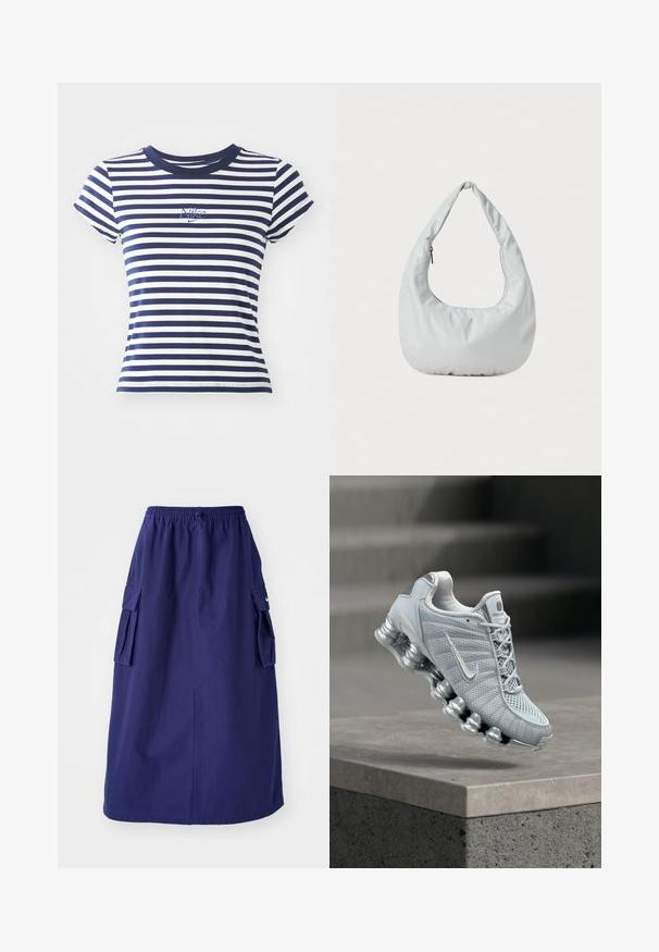Námornícky a biely pruhovaný tričko, z bavlnenej zmesi, s krátkymi rukávmi, okrúhlym výstrihom, so malým vyšívaným logom Nike na prednej strane.; Námornícky modrá sukňa strednej dĺžky s elastickým pásom, ktorá má dve bočné cargo vrecká a minimálnu logotlač. Hladká textúra látky.; Svetlosivá bežecká topánka Nike s odpruženou pružinovou podrážkou vznášajúca sa nad betónovým okrajom, rozmazané pozadie schodiska.; Mäkká, svetlošedá hobo taška vyrobená z syntetického materiálu. Obsahuje jeden polstrovaný popruh a bočné vrecko so zipsom.