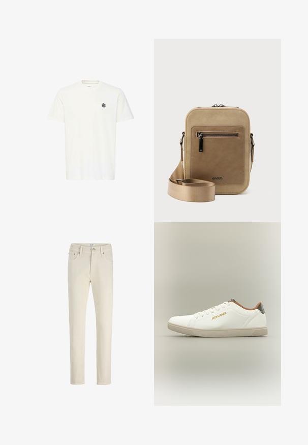 Hvid kortærmet T-shirt lavet af bomuld, med et lille sort geometrisk logo på venstre bryst. Lige snit og rund halsudskæring.; Beige denimbukser med lige ben, fem lommer, metalknap og diskret tekstur. Enkel og alsidig stil.; Hvid lav sneaker med beige sål, brun krave, grå hælstrop, gyldent Jack and Jones-logo, set fra venstre side på en ensfarvet baggrund.; Lille beige crossbody-taske med lynlåslomme foran, metal ALDO-logo, justerbar bred rem og rundet rektangulær form på hvid baggrund.