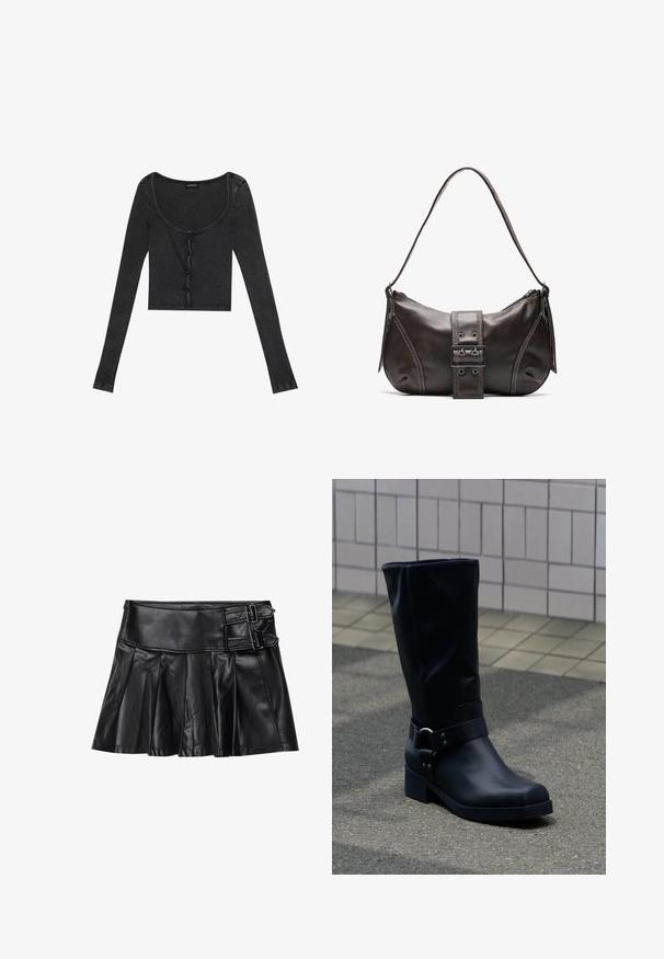 Sort ribbet langærmet cropped top med en scoop halsudskæring, knaplukning foran og tekstureret stof. Har subtile lodrette striber.; Sort læderskirt med pliser, bred talje og to spænde-accenter på siden. Glat tekstur med en blank finish.; Sort læderstøvle midt på læggen med lav blokhæle og en dekorativ rem med metal spænde rundt om anklen, på en flisebelagt fortov.; Brun læder skuldertaske med en buet form, der har et fremtrædende spænde, kontrasterende syninger og en enkelt skulderrem.