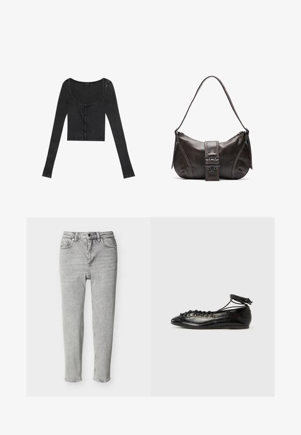 Schwarzes, geripptes, langärmliges Crop-Top mit einem runden Ausschnitt, vorderer Knopfverschluss und strukturiertem Stoff. Mit dezenten, vertikalen Streifen.; Hellgraue, hoch taillierte Jeans mit geradem Bein, Frontknopf und Reißverschluss, vorne und hinten Taschen, auf weißem Hintergrund präsentiert.; Schwarze Ballerinas aus Lackleder mit runder Spitze, Schnürdesign und flacher Sohle. Glatte Textur mit minimaler Verzierung.; Braune Lederumhängetasche mit gebogener Form, die mit einem auffälligen Schnallendetail, kontrastierenden Nähten und einem einzigen Schulterriemen ausgestattet ist.