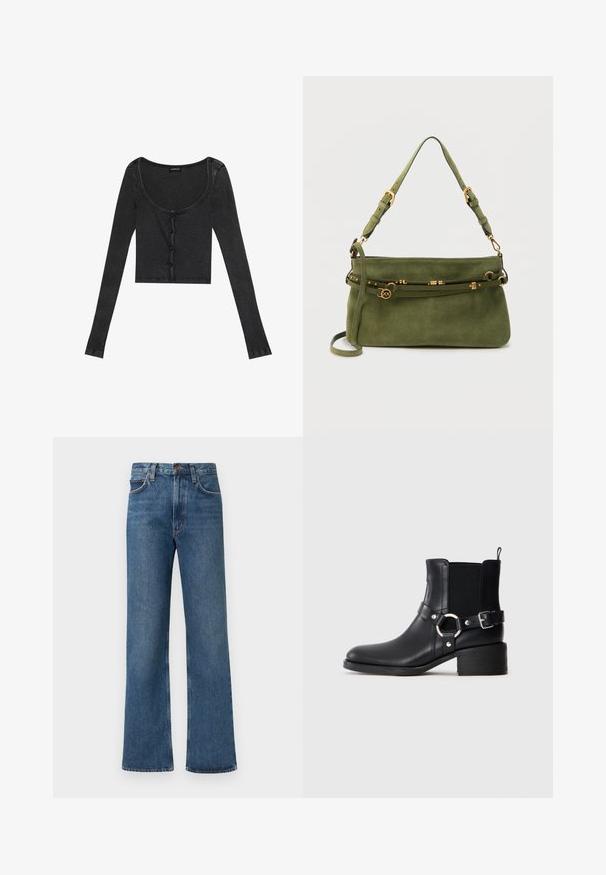 Zwarte geribbelde lange mouwen cropped top met een ronde halslijn, een bevestiging met knopen aan de voorkant en een gestructureerde stof. Bevat subtiele verticale strepen.; Lichtblauwe jeans met wijde pijpen van denim. Heeft een hoge taille, vijfzakkenontwerp en contrasterende stiksels overal. Klassieke knoopsluiting.; Zwarte leren enkelboot met zijgesp en ringdetail, elastische zijpaneel, lage blokhak en trek lipje op een effen achtergrond.; Groene suède schoudertas met verstelbare bandjes en gouden gesp- en sluitingsdetails op een effen achtergrond.
