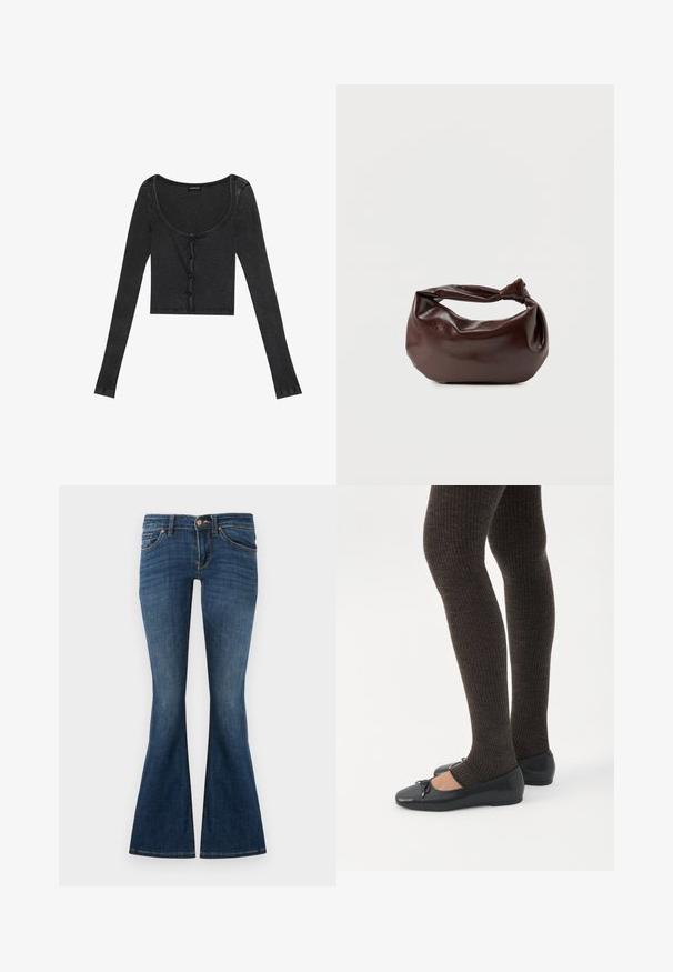 Zwarte geribbelde lange mouwen cropped top met een ronde halslijn, een bevestiging met knopen aan de voorkant en een gestructureerde stof. Bevat subtiele verticale strepen.; Donkerblauwe flared jeans van denim, met een vijf-pocket ontwerp, riemlussen en een sluiting met een knoop aan de voorkant. Soepele textuur met minimale vervaging.; Benen met donkere geribbelde leggings gecombineerd met zwarte ballerina's met kleine strikdetails op een witte achtergrond.; Donkerbruine leren schoudertas met een zachte, slungelige vorm en een gedraaide knoopvormige handgreep op een effen witte achtergrond.