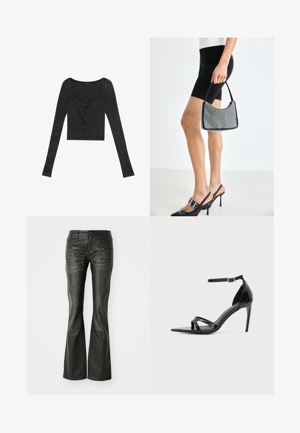 Sort ribbet langærmet cropped top med en scoop halsudskæring, knaplukning foran og tekstureret stof. Har subtile lodrette striber.; Sorte faux læder flared jeans med forlommer, en metalknaplukning og en let tekstureret overflade. Ret ben med en lang skæring.; Sort laklædersandal med høje hæle, tynd ankelrem, åben tå og minimalistisk design på en ensfarvet lys baggrund.; Sort perlehandtaske med en buet silhuet, bærehåndtag og blank overflade. Båret med højhælede sorte sko og tætsiddende sorte shorts.
