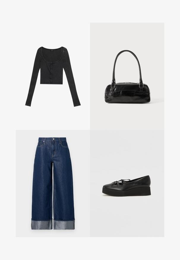 Top corto de manga larga negro con textura, escote en forma de barco y cierre de botones en el frente. Presenta ligeras rayas verticales.; Pantalones vaqueros de mezclilla azul oscuro de pierna ancha con cintura alta, diseño de cinco bolsillos y puños doblados que muestran una tela interior más clara.; Zapatos de plataforma de cuero negro con punta redonda, que presentan una suela negra plana y un lazo decorativo en el cordón en la parte delantera.; Bolso de mano de cuero negro con forma rectangular, equipado con un asa estructurada, herrajes en plata y cierre de cremallera. Textura suave.