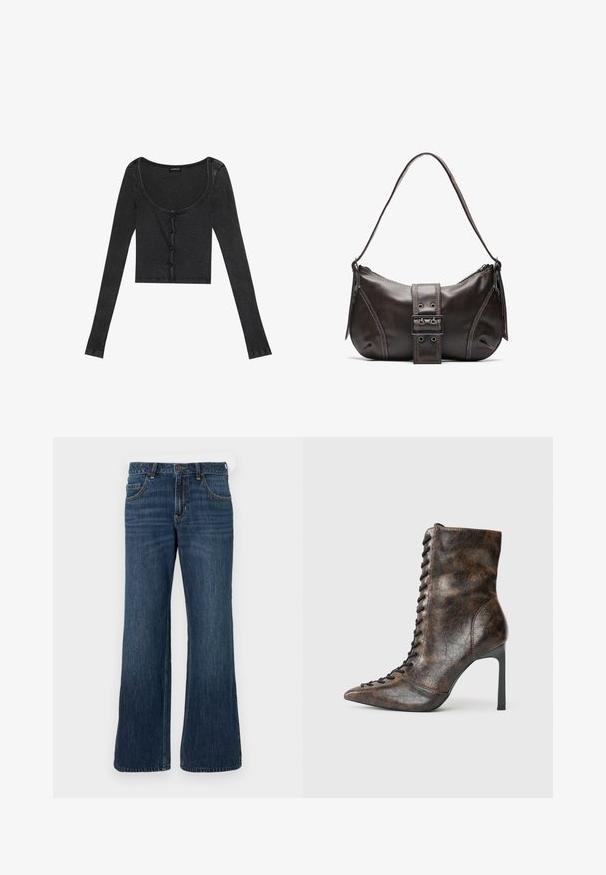 Sort ribbet langærmet cropped top med en scoop halsudskæring, knaplukning foran og tekstureret stof. Har subtile lodrette striber.; Mørkeblå jeans med vide ben og klassisk design med fem lommer, der har knaplukning og diskret falming. Fremstillet af denimstof.; Brun læder ankelstøvle med spidse tå og høj stilettohælh. Har snørebånd foran og en tekstureret finish i en krøllet mønster.; Brun læder skuldertaske med en buet form, der har et fremtrædende spænde, kontrasterende syninger og en enkelt skulderrem.