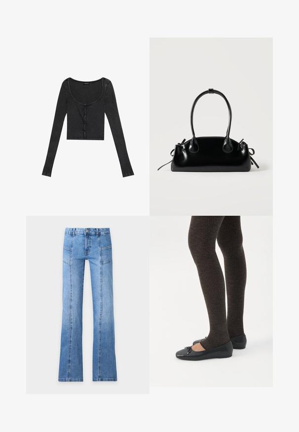 Sort ribbet langærmet cropped top med en scoop halsudskæring, knaplukning foran og tekstureret stof. Har subtile lodrette striber.; Lyseblå denimjeans med højt talje, frontknap, lynlås, sømdetaljer og let udvidede ben på en ensfarvet baggrund.; Ben iført mørke ribbede leggings kombineret med sorte balletsko med små sløjfedetaljer på hvid baggrund.; Lille sort blank håndtaske med to lange håndtag og snøre-detaljer i siden på en ensfarvet lys baggrund.