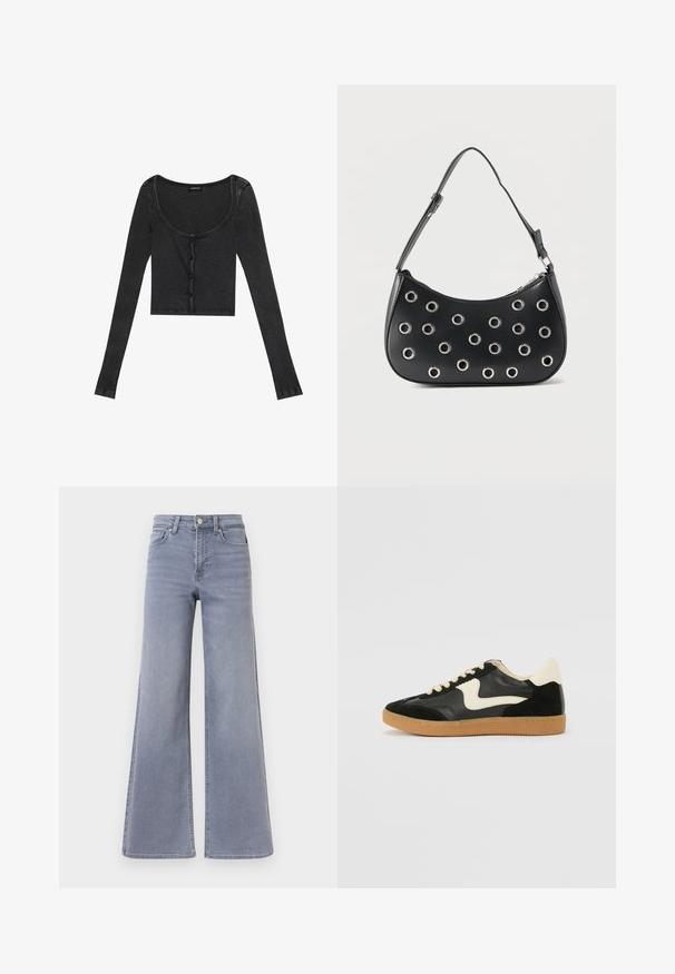 Zwarte geribbelde lange mouwen cropped top met een ronde halslijn, een bevestiging met knopen aan de voorkant en een gestructureerde stof. Bevat subtiele verticale strepen.; Lichtblauwe denim jeans met een wijde pijp en hoge taille, voorzien van een knoop- en ritssluiting aan de voorkant, met voor- en achterzakken, getoond tegen een witte achtergrond.; Zwarte suède en leren sneaker met een crèmekleurige zij-swoosh en lichte crèmekleurige hiel. Voorzien van beige veters en een gumrubberen zool.; Zwarte leren schoudertas met verstelbare riem, voorzien van zilveren metalen oogjes en een ritssluiting bovenaan.