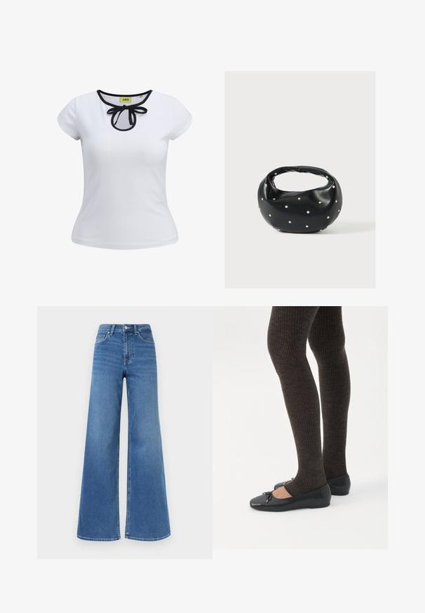 Witte korte mouwen T-shirt met een zwarte rand rond de halslijn en een strikdetail in het midden. Gemaakt van gladde katoenstof.; Blauwe denim jeans met hoge taille en wijde pijpen, vooraan een knoop- en ritssluiting, en zakken aan zowel de voorkant als achterkant.; Benen met donkere geribbelde leggings gecombineerd met zwarte ballerina's met kleine strikdetails op een witte achtergrond.; Zwarte leren handtas met een afgeronde vorm, versierd met zilveren studs, en een korte handgreep. Gladde textuur en ritsluiting.