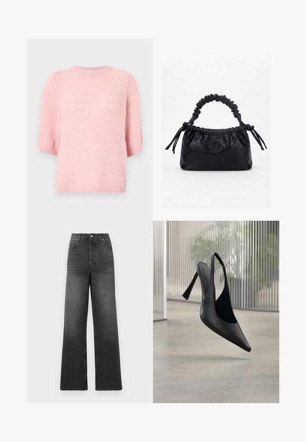 Pull à manches courtes et col rond en rose doux. Motif tricoté texturé avec une coupe ample et un ourlet côtelé. Matière légère, design décontracté.; Jeans taille haute et jambes larges en denim gris foncé. Présente un design classique à cinq poches et des détails de couture au niveau de l'ourlet.; Chaussure à talon aiguille en cuir noir avec bride arrière et bout pointu, flottant au-dessus d'un sol en béton lisse et d'un panneau métallique vertical en arrière-plan.; Sac à main noir avec texture crocodile, bord supérieur froncé, poignée plissée et pompons à cordon de chaque côté sur fond blanc.