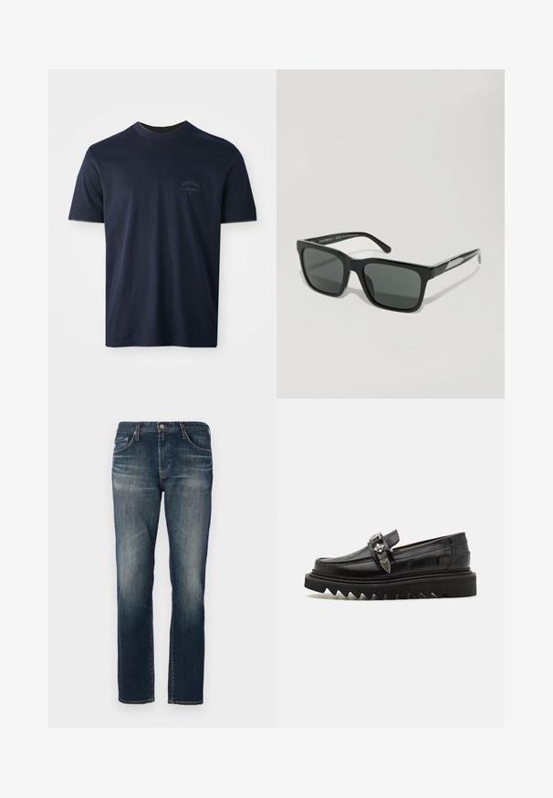 Marineblå bomulds T-shirt med korte ærmer, rund hals og et broderet logo på venstre bryst. Glat tekstur, klassisk pasform.; Mørkeblå denimjeans med lige ben, fem lommer, subtil fading og kontraststikning. Metallukning med knap og lynlås.; Sorte læder loafers med sølv hardware detaljer, en forhøjet zigzag sål og et slankt, afrundet design; glat tekstur og blank finish.; Sorte firkantede solbriller med grå linser, plastikstel og sølv-accente på stængerne. Frontalvinkel med et minimalistisk design.