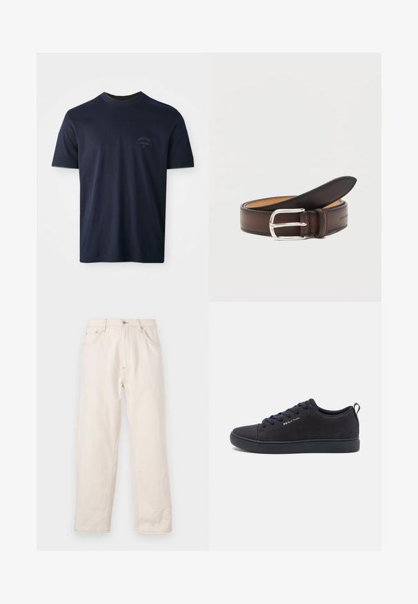 Marineblå bomulds T-shirt med korte ærmer, rund hals og et broderet logo på venstre bryst. Glat tekstur, klassisk pasform.; Beige lige jeans i denim med knaplukning, fem lommer og synlige syninger. Glat tekstur.; Mørkeblå ruskinds sneakers med en glat tekstur, rund tå, mørk gummisål og matchende snørebånd. Har "PS Paul Smith" branding på siden.; Mørkebrun læderbælte rullet sammen med sølv rektangulært spænde på hvid baggrund.