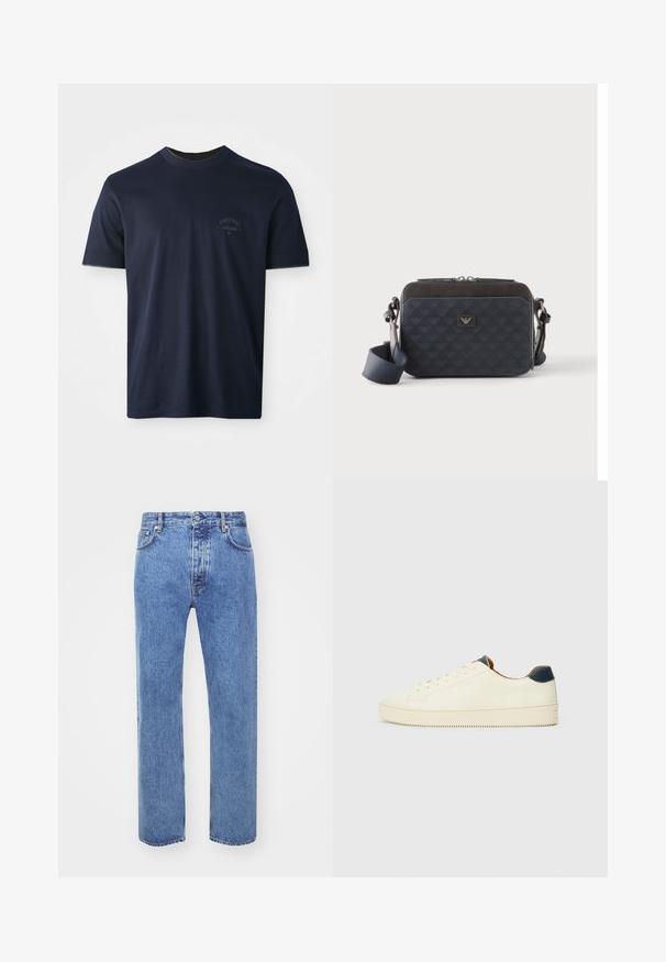 Marineblauwe katoenen t-shirt met korte mouwen, ronde hals en een geborduurd logo op de linkerborst. Gladde textuur, klassieke pasvorm.; Won Hundred STEVE - Relaxed fit jeans - cut blue; Witte leren sneaker met een gestructureerde oppervlakte, ronde neus en een marineblauwe hielaccent. Bevat zijnaadstiksels en een gestructureerde zool.; Rechthoekige donkerblauwe crossbodytas met verstelbare riem, ritssluiting en subtiel logopatroon op het voorpaneel.