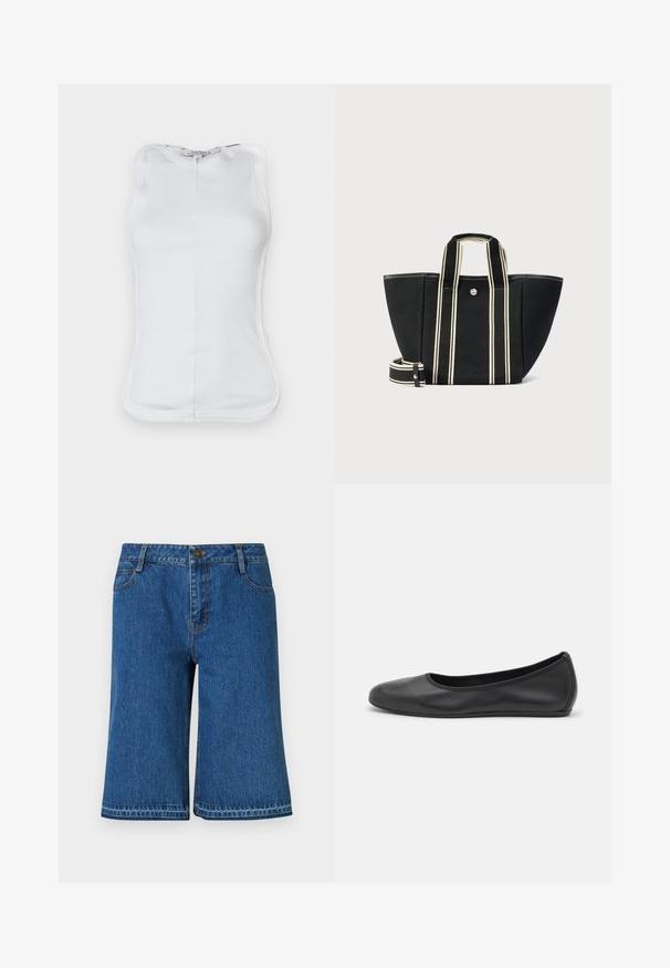 Hvid ærmeløs top lavet af ribbet bomulds-materiale, med et figursyet design, rund udskæring og synlige sømme langs siderne.; Blå denimshorts med lige snit, som har en talje, fem lommer og diskrete syninger langs sømmene.; Sort læderballetsko med rund tå, glat tekstur, minimal syning og et fleksibelt såldesign.; Sort mulepose med brede creme-stribede håndtag og aftagelig skulderrem, sølvfarvet knaplukning, struktureret rektangulær form.
