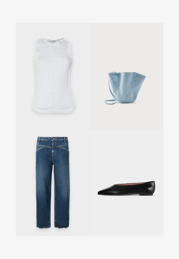 Hvid ærmeløs top lavet af ribbet bomulds-materiale, med et figursyet design, rund udskæring og synlige sømme langs siderne.; CLOSED STOVER - Jeans Relaxed Fit - dark blue; Sort damesko i læder med flad hæl og spids tå, vist fra siden på en ensfarvet lys grå baggrund.; Lyseblå stofhåndtaske med lang strop, bred åbning øverst og stikninger i lodrette sømme, sat mod en ensfarvet hvid baggrund.