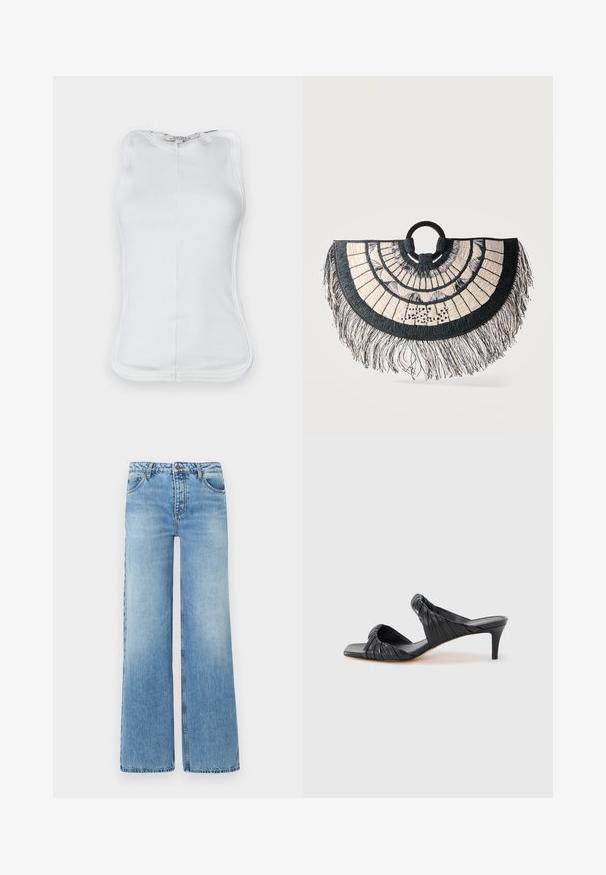 Witte mouwloze top van rib katoen, met een aansluitend ontwerp, afgeronde halslijn en zichtbare stiksels langs de zijkanten.; Lichtblauwe denim jeans met een hoge taille, knoop- en ritssluiting, rechte brede pijpen en voor- en achterzakken.; Zwarte sandalen met hak en een vierkante neus, gemaakt van glad leer. Voorzien van geplooide bandjes en een slanke hak voor extra hoogte.; Zwart-cream halve cirkel handtas van geweven materiaal met franje en ronde zwarte handvatten, met een geometrisch patroon.