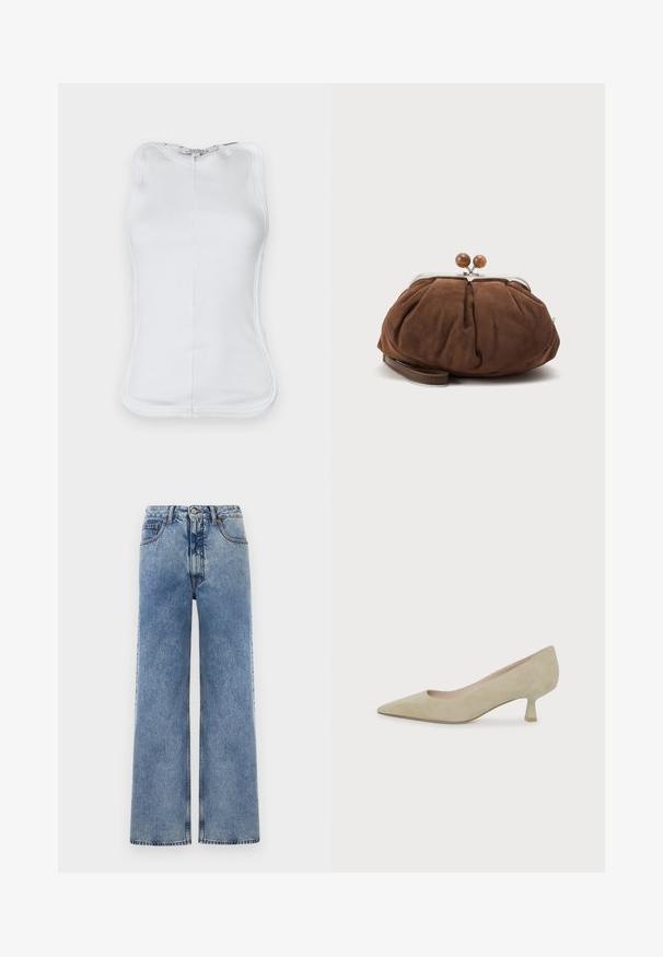 Hvid ærmeløs top lavet af ribbet bomulds-materiale, med et figursyet design, rund udskæring og synlige sømme langs siderne.; Bredde blå denimjeans med høj talje, fem lommer og synlig syning. Stofstrukturen har et tekstureret udseende.; Beige ruskindspumpe med spids tå og lav hæl med slank mellem-høj hæl på ens hvid baggrund.; Blød brun ruskindshåndtaske med sølvmetal ramme og runde brune låsekugler på en ensfarvet lys baggrund.