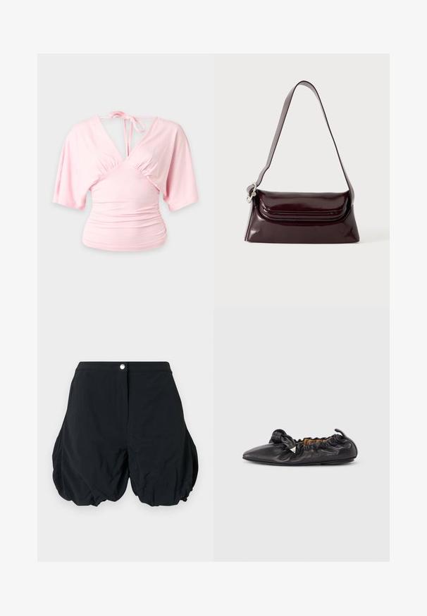 Light pink women's blouse with wide short sleeves, deep V-neck, ruched sides, and a tie closure at the back neckline.; Black shorts made of lightweight fabric, featuring a gathered design, a button fastener, and a rounded shape at the hems.; Black leather ruched ballet flat with pointed toe and small metallic triangular embellishment on side, flat sole.; Dark burgundy leather shoulder bag with a flap closure and a slim adjustable strap, displayed on a plain light background.