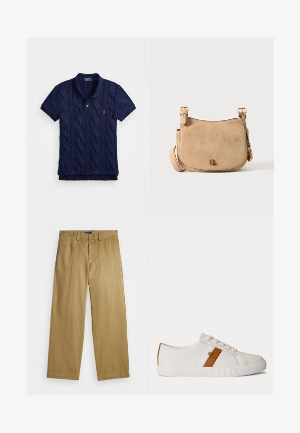 Navy-blaues Poloshirt aus Strickstoff mit Kabelmuster, zwei Knöpfen und einem kleinen roten Emblem auf der linken Brust.; Polo Ralph Lauren COTTON CHINO STRAIGHT LEG TROUSER - Chino - khaki; Weißer Low-Top-Sneaker mit braunem Streifen und goldenem Logo an der Seite, weiße Schnürsenkel und strukturierte weiße Gummisohle.; Beige Veloursleder Umhängetasche mit goldenen Schnallenriemen und kleinem goldenen "RL" Logo vorne, vor einem einfarbigen hellen Hintergrund.