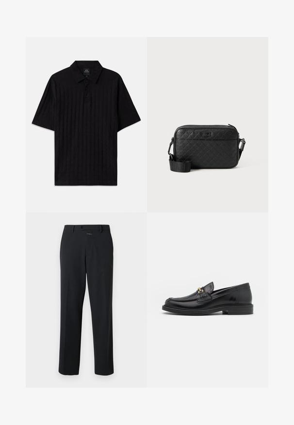 Must värvi lühikeste varrukatega polo särk, millel on tekstuuriga muster, kolme nupuga kinnitation ja klassikaline kaelus. Valmistatud hingavast kangast.; Mustad sirgedega mustad püksid, mis on valmistatud siledast kangast. Ees on nupulukuga sulgemine ja peened õmbluse detailid. Lihtne disain, ilma mustriteta.; Mustad nahast loafers ümarate varvastega, millel on kuldne riistvaraline aksessuaar ja tikandite detail, paigutatud madalale, tekstureeritud kummist tallale.; Mustakirja tekstuuriga õlakott, millel on reljeefne geomeetriline muster ja reguleeritav rihm, millel on brändi logo.
