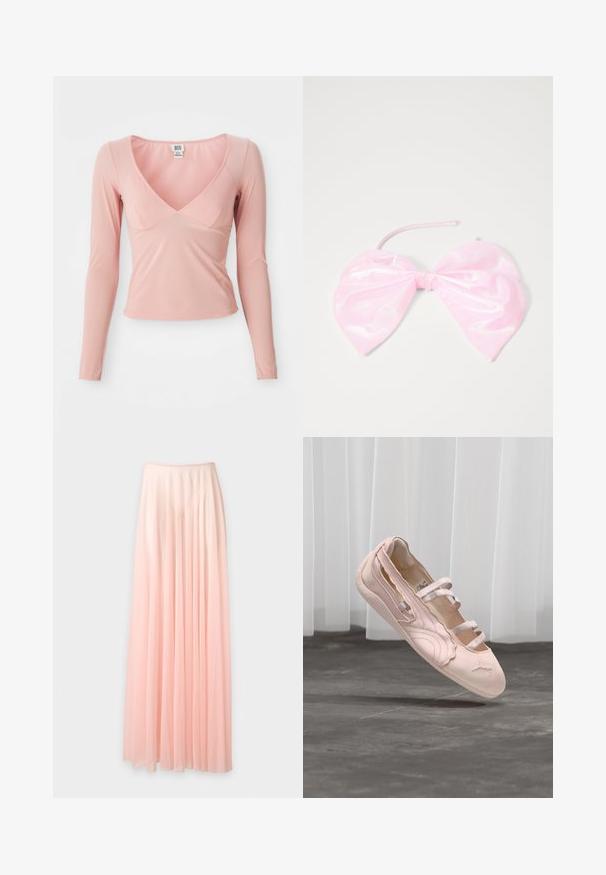 Langærmet lyserød bluse med en dyb V-hals, tætsiddende pasform og glat tekstur. Har diskrete sømme langs halsudskæringen og kanten.; Lang, plisseret, lyserød chiffon nederdel med elastisk talje, vist mod en ensfarvet hvid baggrund.; Lys pink balletflat med tre elastiske remme, bølget kant og gummisål, ophængt over en betongulv med hvide gardiner i baggrunden.; Lyserød, blank hårtilbehør formet som en stor sløjfe, med en glat overflade og et tyndt bånd til at sikre den på plads.