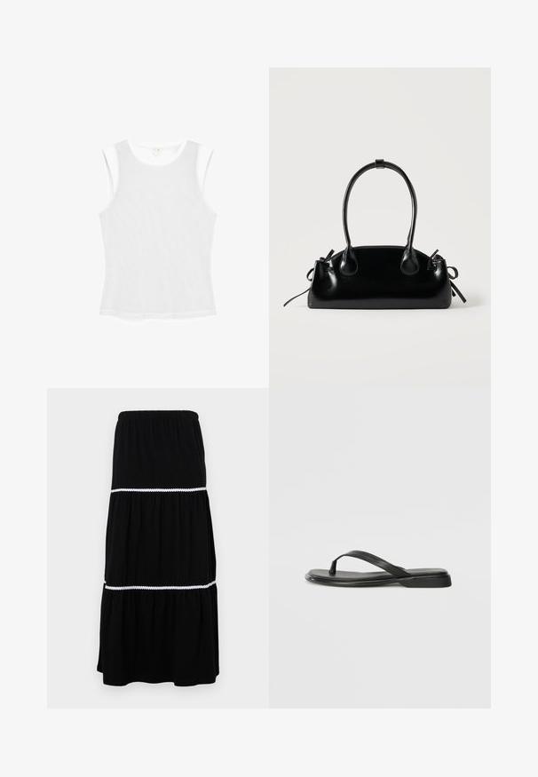 Haut blanc sans manches en tissu maille, avec un col rond et une coupe slim. Texture lisse, style minimaliste, sans motifs.; Jupe maxi noire à niveaux en tissu doux ; dotée d'une taille élastique et d'une bordure festonnée blanche entre les niveaux pour une touche de détail supplémentaire.; Tongs noires en cuir lisse, avec un design de sangle fine et une semelle plate à profil minimal. Aucun motif ou accent notables.; Petit sac à main noir brillant avec deux longues anses et des détails à cordon sur les côtés sur un fond clair uni.