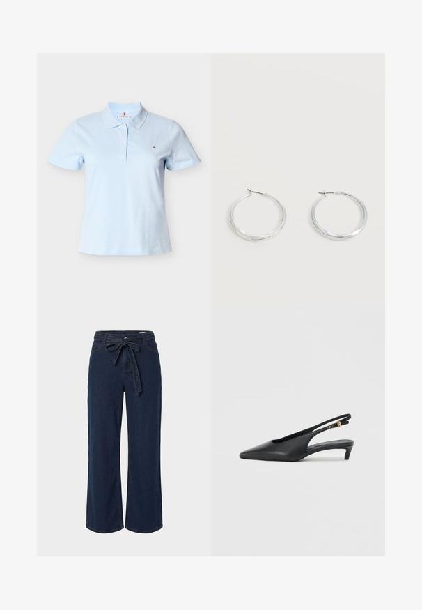 Polo bleu clair à manches courtes avec col, quatre boutons et un petit logo sur la poitrine gauche.; Pantalon en denim bleu foncé à jambes larges avec poches avant et ceinture en tissu nouée en nœud à la taille.; Des escarpins à talon ouvert noirs avec un bout pointu, une texture en cuir lisse, un petit talon aiguille, et une sangle avec un accent de boucle en métal.; Boucles d’oreilles créoles en métal argenté avec une surface lisse légèrement incurvée et des fermoirs à clapet sur un fond blanc uni.