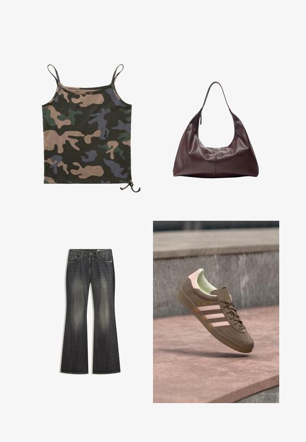 Brandit Top - darkcamo; Ausgestellte, dunkelblaue Jeans aus Denim mit leichter Ausbleichung, fünf Taschen und kontrastierenden Nähten, ausgestattet mit einem normalen Knopf- und Reißverschluss.; Brauner Wildleder-Sneaker mit pinken Akzenten, drei weißen Streifen und einem gelben Logo. Verfügt über ein weiches Innenfutter und eine strukturierte Gummisohle.; Dunkelbraune Lederschultertasche mit einem einzelnen Riemen und einem Reißverschluss auf der einen Seite, weiche, lockere Struktur und glatte Textur.