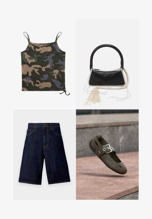 Brandit Débardeur - darkcamo; Shorts en denim bleu foncé avec une coupe droite, présentant un design classique à cinq poches et des coutures dorées contrastantes.; Chaussure plate vert olive avec semelle noire, coutures décoratives et une grande bride à boucle argentée, flottant au-dessus d'une surface en pierre.; Sac en cuir noir avec une poignée arrondie, fermeture éclair en argent, bordure en fourrure blanche et un long gland crème attaché à l'avant.