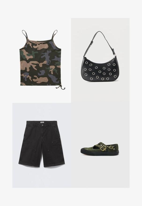 Brandit Top - darkcamo; Schwarze knielange Shorts mit großen aufgesetzten Fronttaschen, Metallknopfverschluss, Gürtelschlaufen und Seitentaschen, flach auf einem hellen Hintergrund ausgelegt.; Olivgrüner Mary Jane Sneaker aus Veloursleder mit schwarzer Gummisohle, geriffelter Zehenkappe, sternförmigen Nieten und zwei Riemen mit Messingschnallen.; Schwarze Lederschultertasche mit verstellbarem Riemen, ausgestattet mit silbernen Metallösenverzierungen und einem Reißverschluss an der Oberseite.