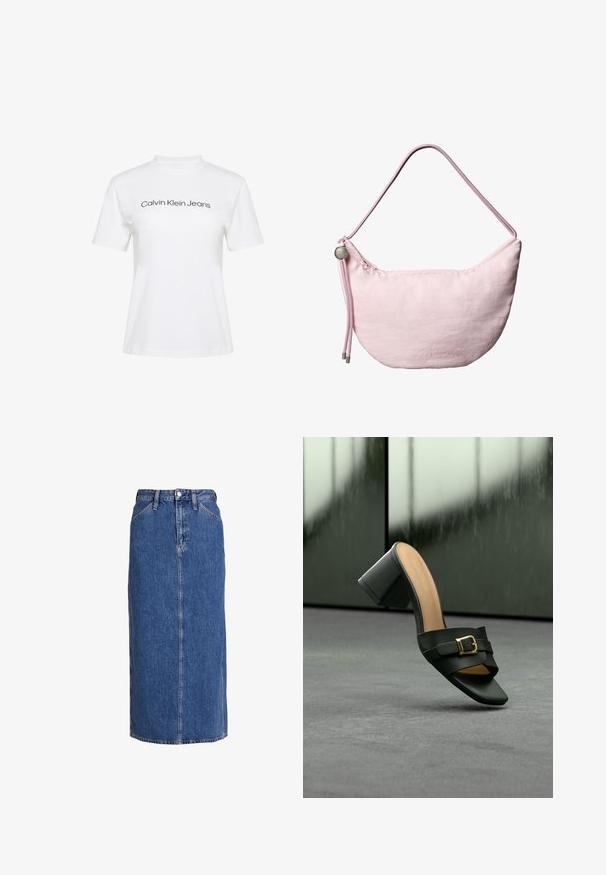 Hvid bomulds-T-shirt med rund hals og korte ærmer, med teksten "Calvin Klein Jeans" i sort tryk på tværs af brystet.; Denim midi nederdel i mellemblå med lige snit, forkant knaplukning, to sidelommer og synlige sømme for struktur.; Sort læder mule med åben tå, blokhæl og guldbuckles, vist på grå overflade med sløret mørk baggrund.; Blød lyserød skuldertaske i halvmåneform med justerbar snorrem, metalstopper og diskret præget "cK" logo midt foran.