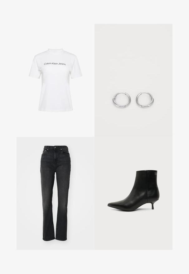 Hvid bomulds-T-shirt med rund hals og korte ærmer, med teksten "Calvin Klein Jeans" i sort tryk på tværs af brystet.; Højtaljede sorte denim jeans med lige ben, fem-lomme design, frontlukning med knap og minimal syning.; Sort læder ankelstøvle med spids tå og lav kitten hæl på lys baggrund, der viser yderside.; Sølvøreringe med en glat, poleret overflade. Cirkulær form med en lille spænde detalje til lukning. Minimalistisk design, letvægtig.