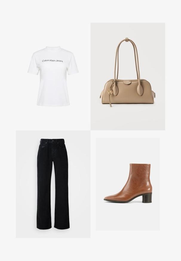 Hvid bomulds-T-shirt med rund hals og korte ærmer, med teksten "Calvin Klein Jeans" i sort tryk på tværs af brystet.; Sorte jeans med vide ben, lavet af bomuldsdenim. Har lukning med knapper foran, bæltestropper og design med fem lommer med diskret syning.; Brun læder ankelstøvle med spids tå, tekstureret finish og en medium blokhæl. Enkel design uden synlige beslag eller mønstre.; Beige håndtaske med glat lædertekstur. Rund form, to lange håndtag og en gulddetalje på lynlåsen.