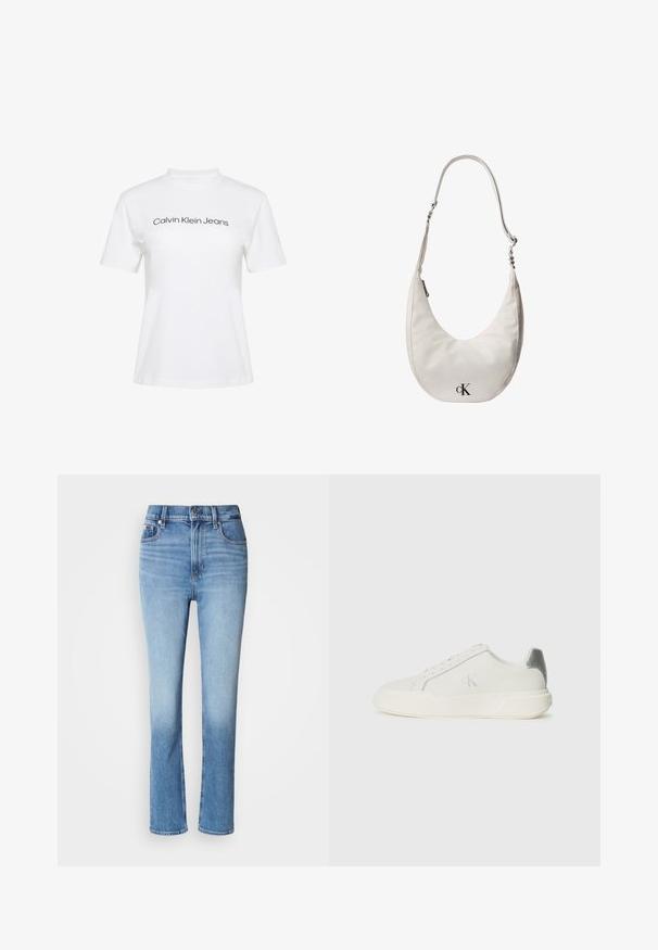 Hvid bomulds-T-shirt med rund hals og korte ærmer, med teksten "Calvin Klein Jeans" i sort tryk på tværs af brystet.; Blå denimjeans med høj talje, lige ben-design, falmede farvegradient og fem-lomme stil. Metalknap- og lynlås-lukning.; Hvide sneakers lavet af læder med en glat tekstur, forsynet med en sølvaccent på hælen, flad sål og minimalistisk design.; Hvid skuldertaske i læder formet som en halvmåne med justerbar rem, lynlåslukning og sort Calvin Klein-logo foran.
