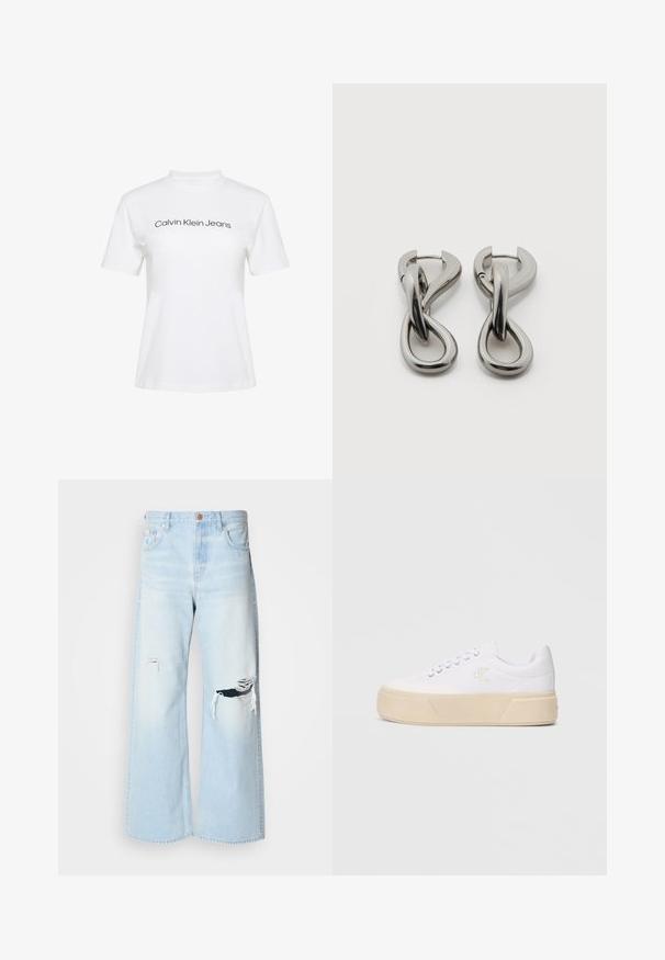 Camiseta blanca de algodón con cuello redondo y mangas cortas, con el texto "Calvin Klein Jeans" impreso en negro en el pecho.; Pantalones vaqueros de pierna ancha en azul claro, confeccionados en denim, con una cintura alta, grandes desgastes en las rodillas y un diseño clásico de cinco bolsillos con herrajes de cobre.; Zapatillas de lona blancas con una suela de plataforma gruesa en color beige, con un sutil logo bordado en el costado y un diseño clásico de cordones.; Par de pendientes de metal con acabado plateado y diseño abstracto de bucles entrelazados sobre un fondo blanco.