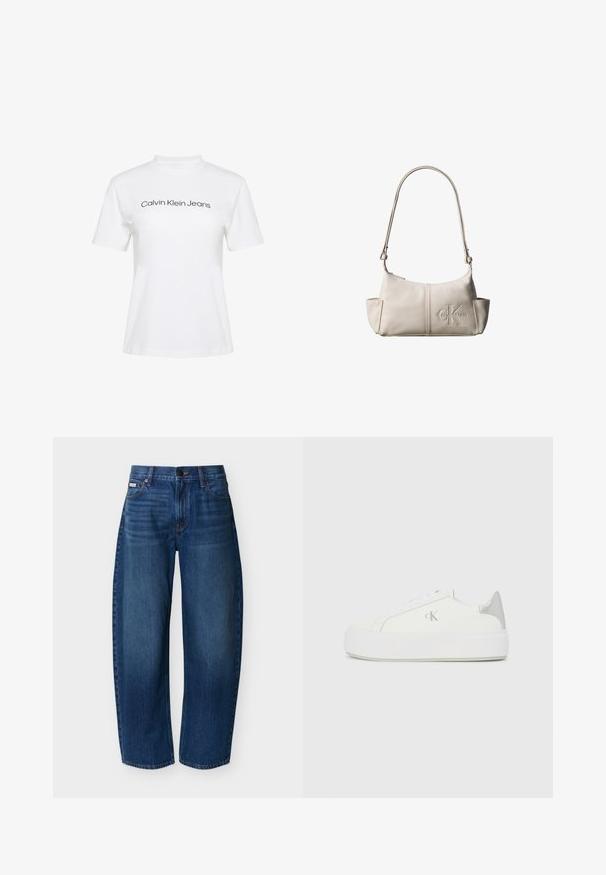 Hvid bomulds-T-shirt med rund hals og korte ærmer, med teksten "Calvin Klein Jeans" i sort tryk på tværs af brystet.; Mørkeblå jeans med høj talje og lige ben, forlommer, bæltestropper, knaplukning og diskret falming på lårene.; Hvide lærredssneakers med en tyk hvid sål, prydet med en metallic sølvaccent på hælen og en diskret logo-detalje på siden.; Lille beige læder skuldertaske med justerbar rem og præget Calvin Klein-logo foran i midten.