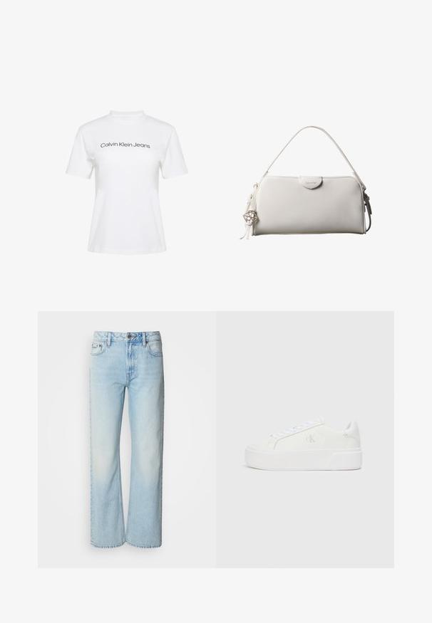 Hvid bomulds-T-shirt med rund hals og korte ærmer, med teksten "Calvin Klein Jeans" i sort tryk på tværs af brystet.; Lyseblå brede jeans lavet af denim med et klassisk fem-lomme design og en subtil falmet tekstur. Denim-syninger er synlige.; Hvide platform sneakers med en glat læderoverdel, rund tå, hvide snørebånd og diskret logo-detalje på siden. Flad gummisål.; Hvid rektangulær Calvin Klein håndtaske med enkelt håndtag, minimalistisk design og dekorative kvaster med geometrisk metalvedhæng på siden.