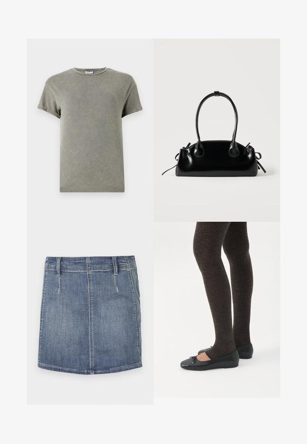 Ausgeblichendes grünes T-Shirt, kurze Ärmel, runder Ausschnitt, weiches Baumwollmaterial, leicht abgenutzte Textur, lässige Passform.; Jeans-Minirock in Hellblau mit klassischem Schnitt. Verfügbar mit vorderen Taschen und Gürtelschlaufen, gerade geschnittenem Saum und dezentem Ausbleichen.; Beine in dunklen, gerippten Leggings kombiniert mit schwarzen Ballerinas mit kleinen Schleifendetails auf weißem Hintergrund.; Kleine schwarze glänzende Handtasche mit zwei langen Griffen und seitlichen Kordelzug-Details vor einfachem hellem Hintergrund.